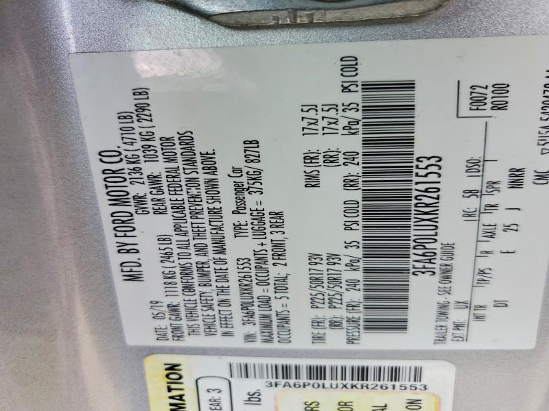 2019 Ford Fusion მანქანა იყიდება აუქციონზე, vin: 3FA6P0LUXKR261553, აუქციონის ნომერი: 51026646