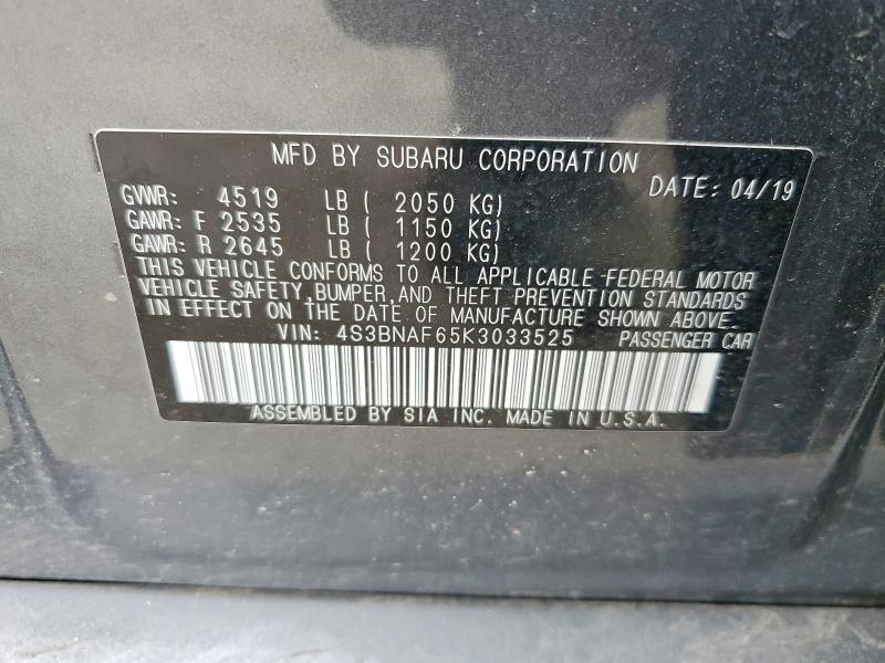 51240186 :رقم المزاد ، 4S3BNAF65K3033525 vin ، 2019 Subaru Legacy مزاد بيع