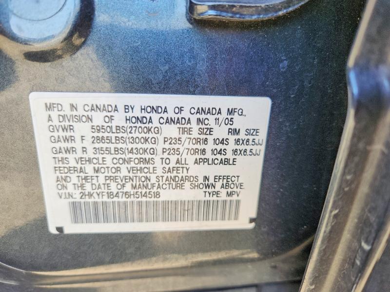 50445246 :رقم المزاد ، 2HKYF18476H514518 vin ، 2006 Honda Pilot مزاد بيع