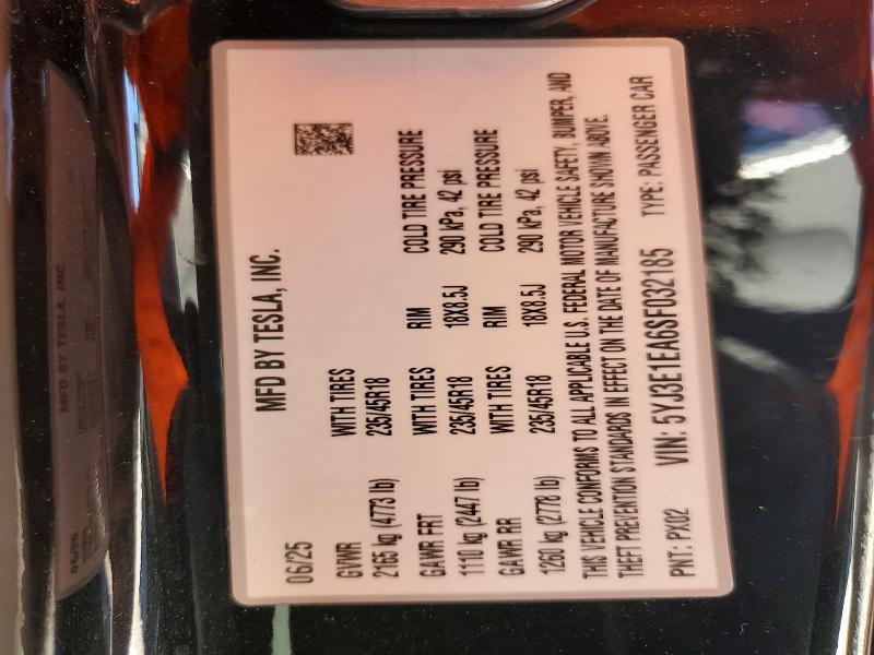 49387976 :رقم المزاد ، 5YJ3E1EA6SF032185 vin ، 2025 Tesla Model 3 مزاد بيع