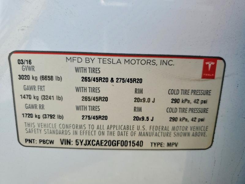Auction sale of the 2016 Tesla Model X, vin: 5YJXCAE20GF001540, lot number: 50425456