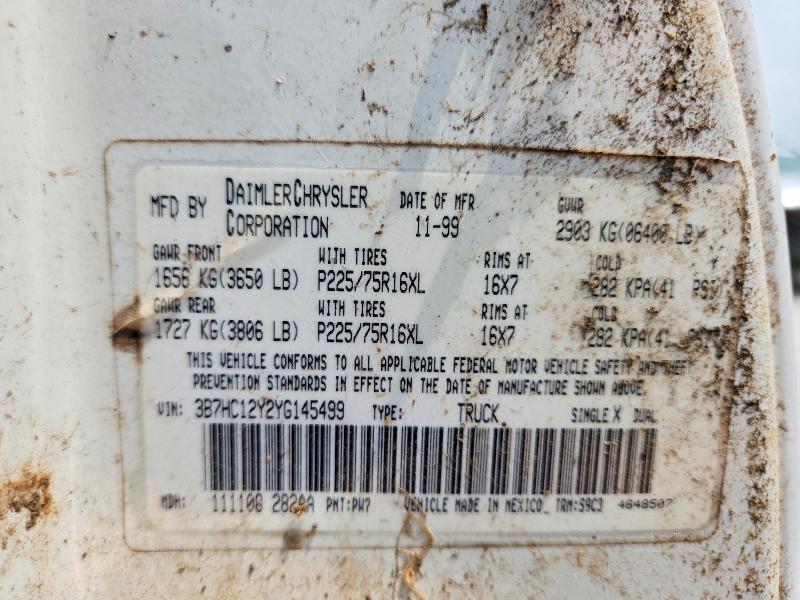 2000 Dodge Ram 1500 მანქანა იყიდება აუქციონზე, vin: 3B7HC12Y2YG145499, აუქციონის ნომერი: 51291986