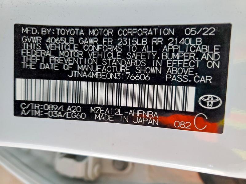 51079726 :رقم المزاد ، JTNA4MBE0N3176606 vin ، 2022 Toyota Corolla مزاد بيع