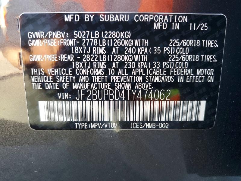 49280396 :رقم المزاد ، JF2BUPBD4TY474062 vin ، 2026 Subaru Outback مزاد بيع