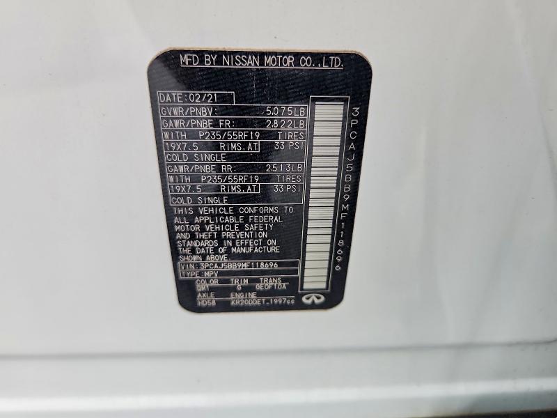 2021 Infiniti Qx50 მანქანა იყიდება აუქციონზე, vin: 3PCAJ5BB9MF118696, აუქციონის ნომერი: 49433606