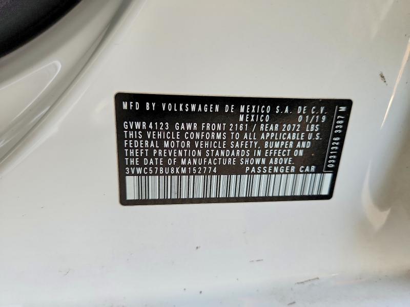 2019 Volkswagen Jetta მანქანა იყიდება აუქციონზე, vin: 3VWC57BU8KM152774, აუქციონის ნომერი: 51324776