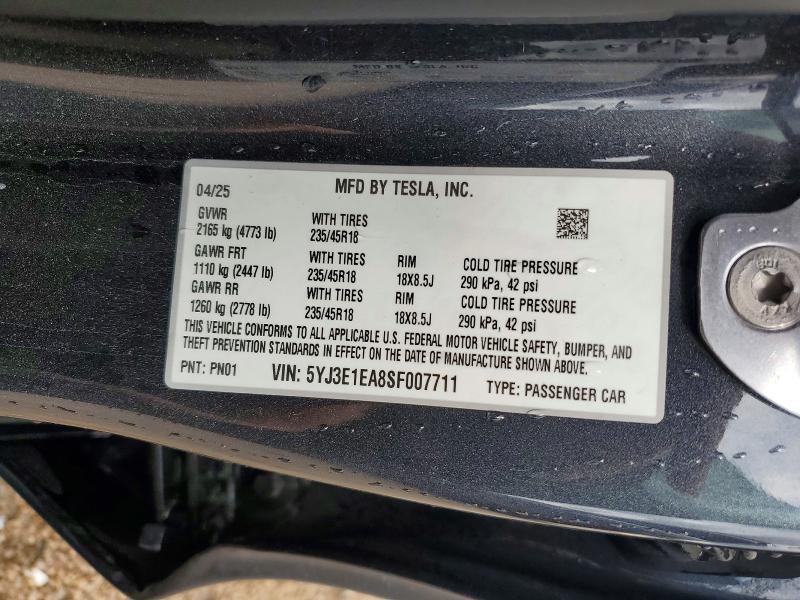 2025 Tesla Model 3 მანქანა იყიდება აუქციონზე, vin: 5YJ3E1EA8SF007711, აუქციონის ნომერი: 46056246