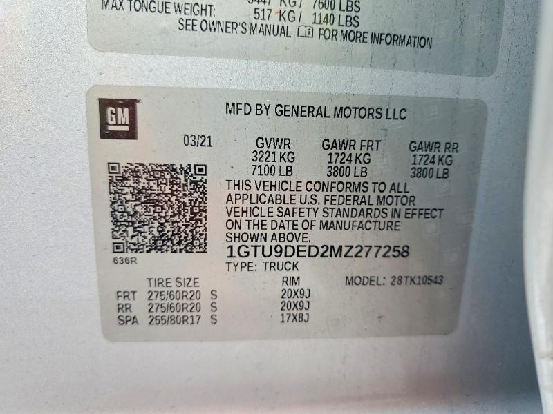 Продаж на аукціоні авто 2021 Gmc Sierra, vin: 1GTU9DED2MZ277258, номер лоту: 47393596