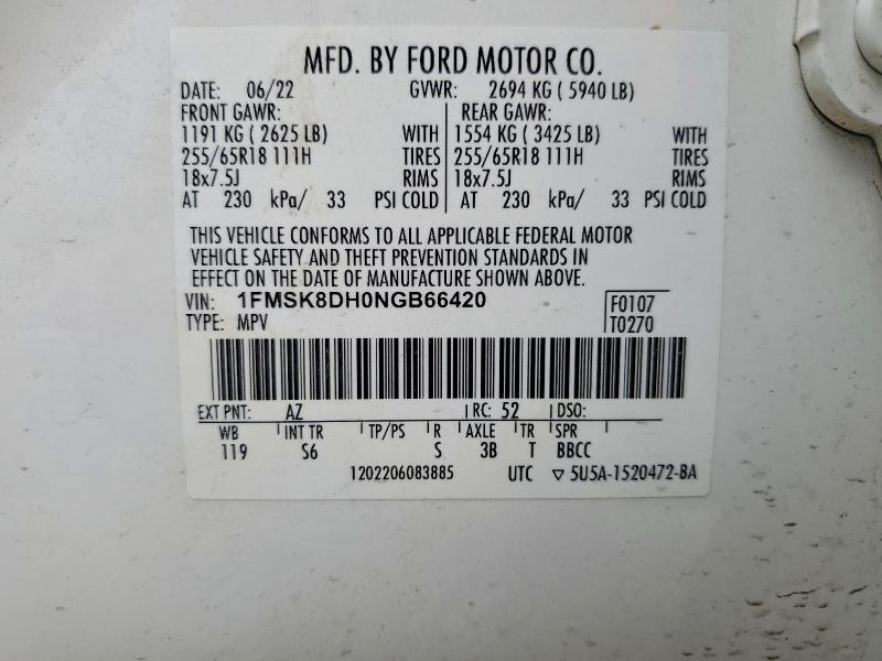 2022 Ford Explorer მანქანა იყიდება აუქციონზე, vin: 1FMSK8DH0NGB66420, აუქციონის ნომერი: 50964966