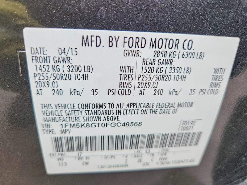 2015 Ford Explorer მანქანა იყიდება აუქციონზე, vin: 1FM5K8GT0FGC49568, აუქციონის ნომერი: 49425566