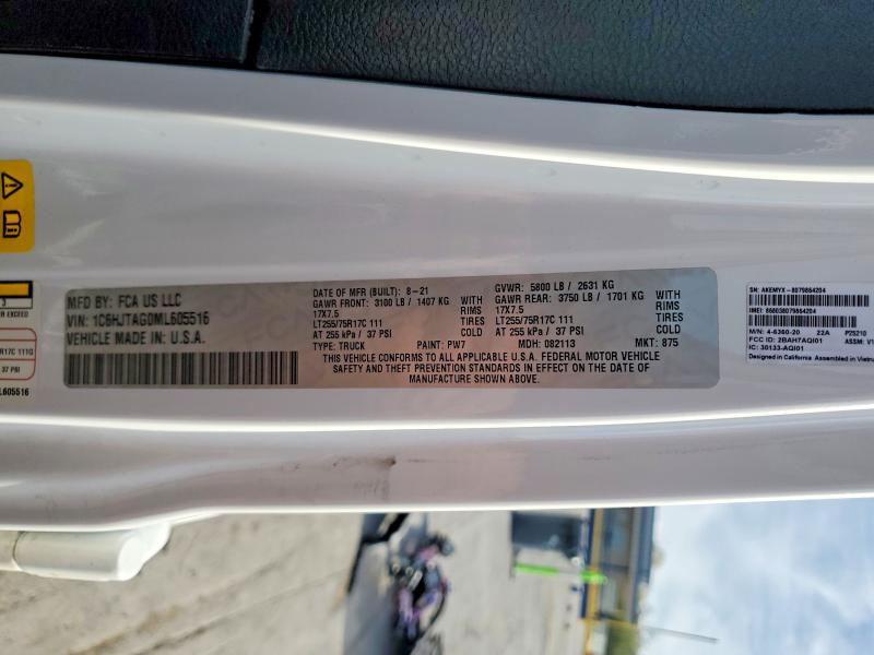 Aukcja sprzedaży 2021 Jeep Gladiator, vin: 1C6HJTAG0ML605516, numer aukcji: 48901136