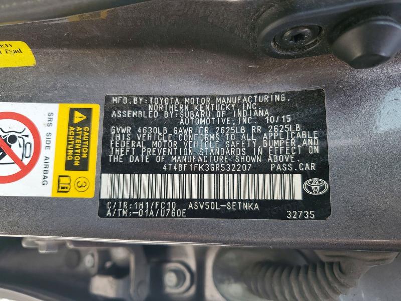 51420316 :رقم المزاد ، 4T4BF1FK3GR532207 vin ، 2016 Toyota Camry مزاد بيع