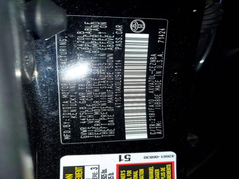 51289936 :رقم المزاد ، 4T1C11AK0LU940114 vin ، 2020 Toyota Camry مزاد بيع