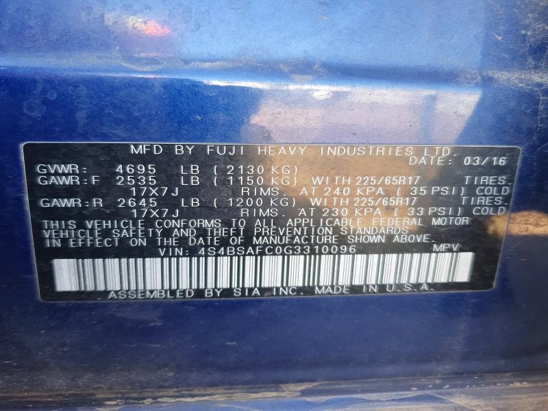 Продажа на аукционе авто 2016 Subaru Outback, vin: 4S4BSAFC0G3310096, номер лота: 49762016