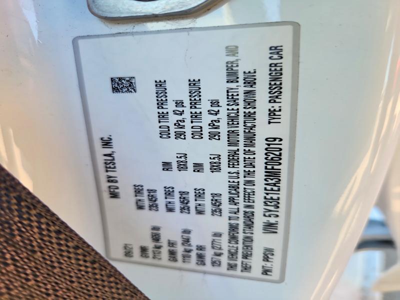 48740876 :رقم المزاد ، 5YJ3E1EA3MF062019 vin ، 2021 Tesla Model 3 مزاد بيع