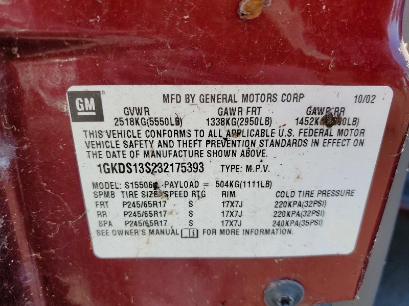 48421536 :رقم المزاد ، 1GKDS13S232175393 vin ، 2003 Gmc Envoy مزاد بيع