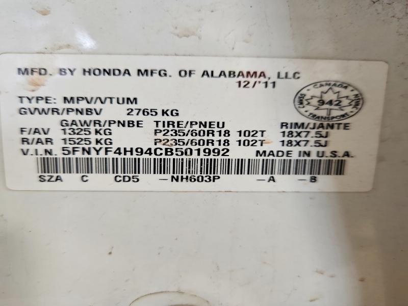 Продажа на аукционе авто 2012 Honda Pilot, vin: 5FNYF4H94CB501992, номер лота: 49631576