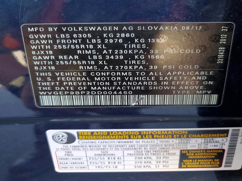 2013 Volkswagen Touareg მანქანა იყიდება აუქციონზე, vin: WVGEP9BP2DD004450, აუქციონის ნომერი: 50152496