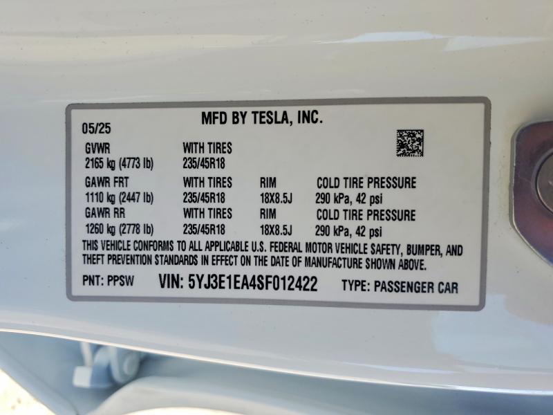 Aukcja sprzedaży 2025 Tesla Model 3, vin: 5YJ3E1EA4SF012422, numer aukcji: 51869696