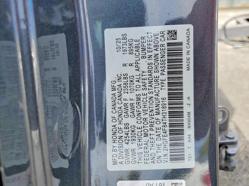 50122086 :رقم المزاد ، 2HGFE4F84TH318916 vin ، 2026 Honda Civic مزاد بيع