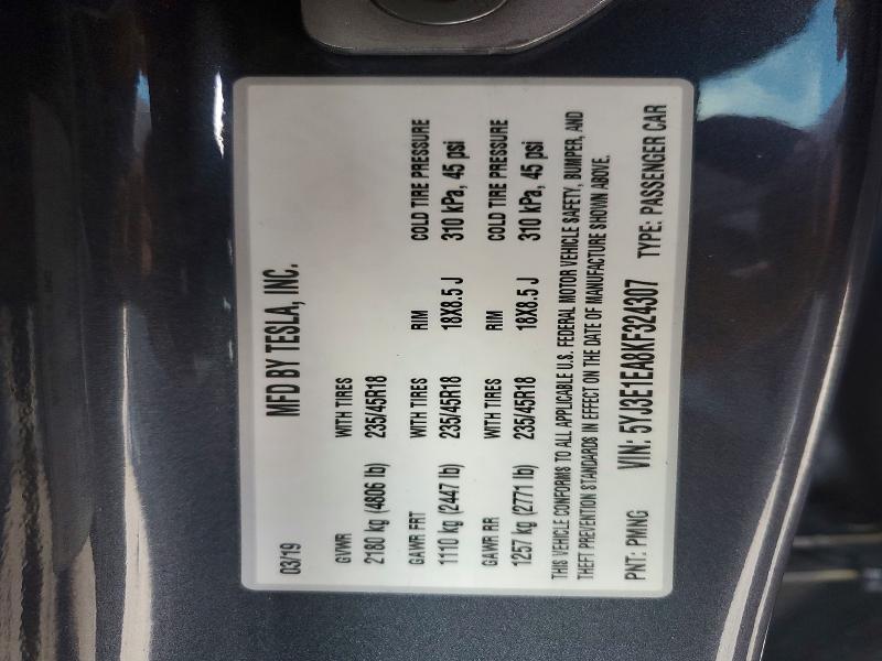 48633616 :رقم المزاد ، 5YJ3E1EA8KF324307 vin ، 2019 Tesla Model 3 مزاد بيع