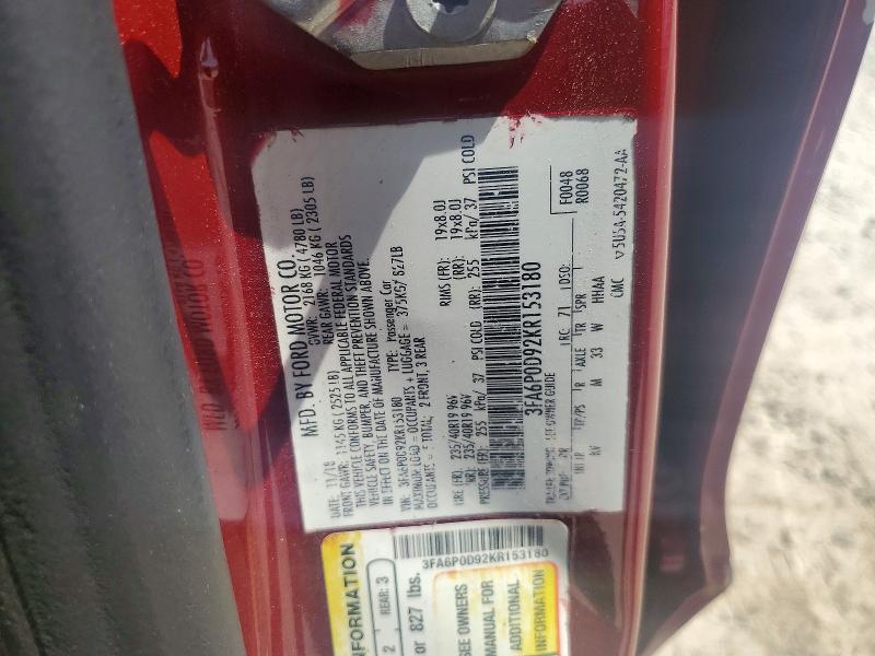 2019 Ford Fusion მანქანა იყიდება აუქციონზე, vin: 3FA6P0D92KR153180, აუქციონის ნომერი: 50774606