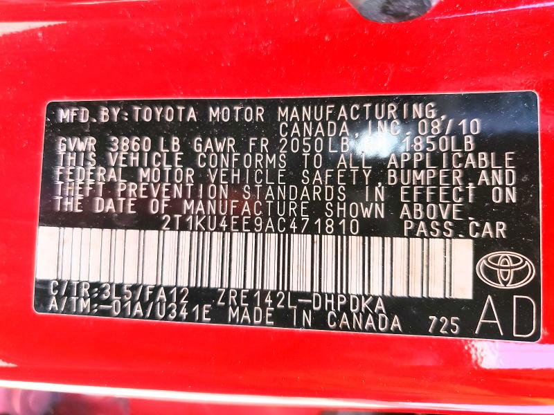 49553696 :رقم المزاد ، 2T1KU4EE9AC471810 vin ، 2010 Toyota Matrix مزاد بيع
