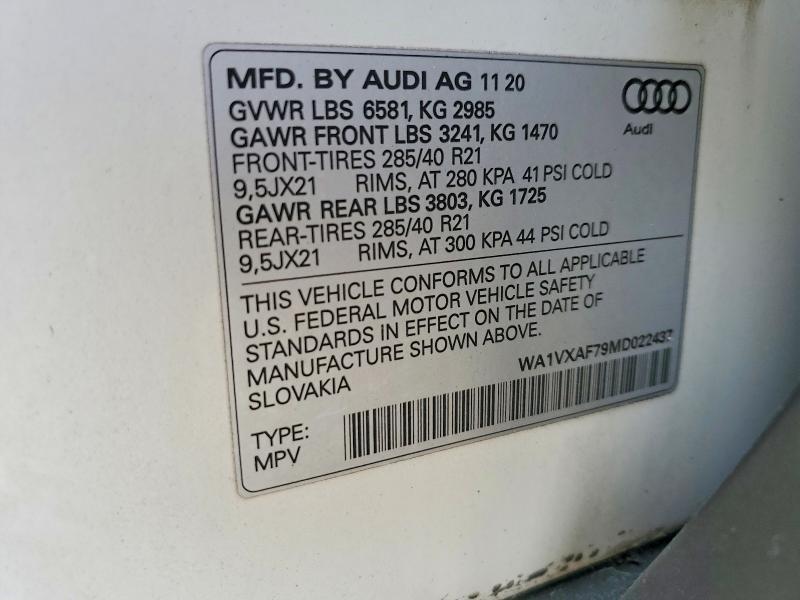 2021 Audi Q7 მანქანა იყიდება აუქციონზე, vin: WA1VXAF79MD022437, აუქციონის ნომერი: 49064626