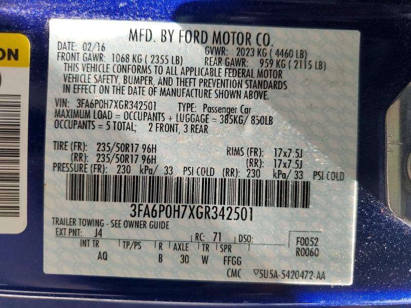 2016 Ford Fusion მანქანა იყიდება აუქციონზე, vin: 3FA6P0H7XGR342501, აუქციონის ნომერი: 52011466