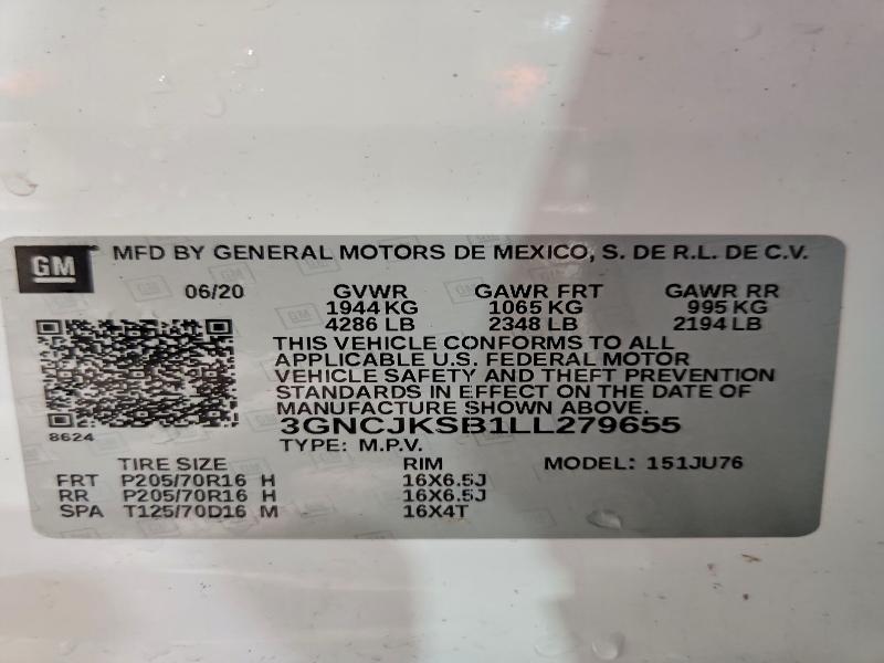 2020 Chevrolet Trax მანქანა იყიდება აუქციონზე, vin: 3GNCJKSB1LL279655, აუქციონის ნომერი: 49924416