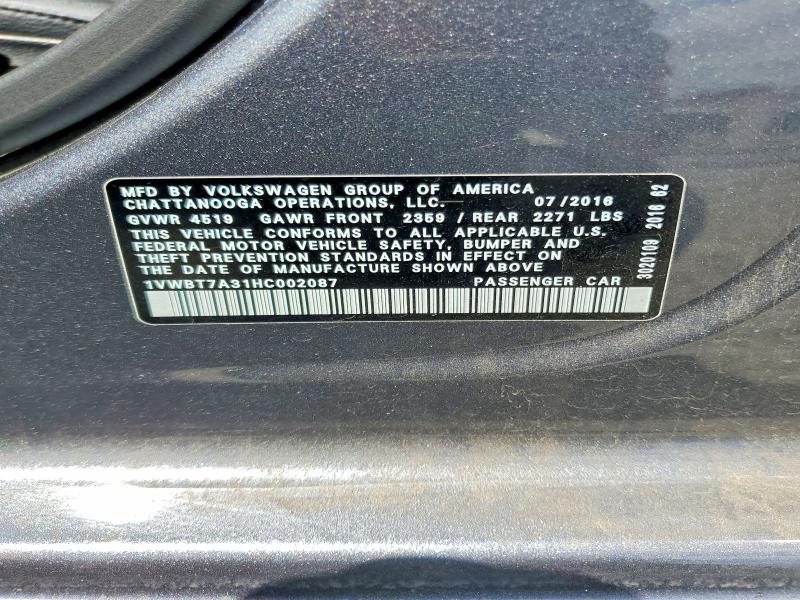 Продажа на аукционе авто 2017 Volkswagen Passat, vin: 1VWBT7A31HC002087, номер лота: 50905566