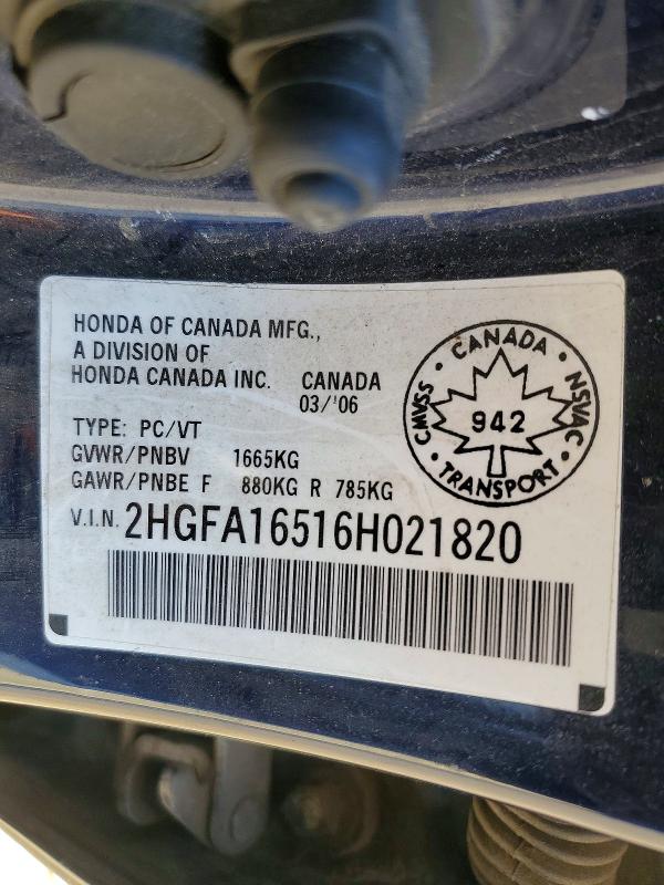 Aukcja sprzedaży 2006 Honda Civic, vin: 2HGFA16516H021820, numer aukcji: 51657216