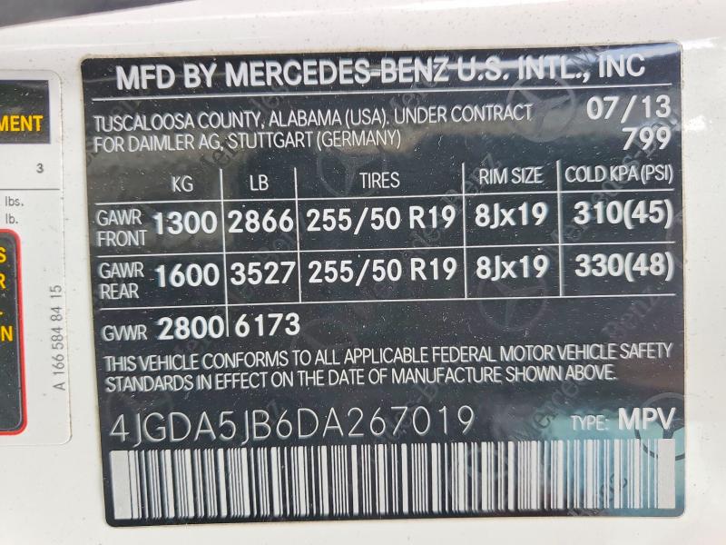 48726546 :رقم المزاد ، 4JGDA5JB6DA267019 vin ، 2013 Mercedes-benz Ml مزاد بيع