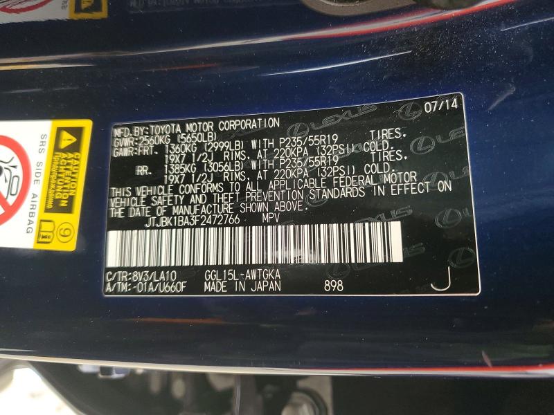 51616066 :رقم المزاد ، JTJBK1BA3F2472766 vin ، 2015 Lexus Rx 350 مزاد بيع