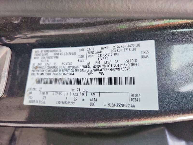 Продаж на аукціоні авто 2019 Ford Escape, vin: 1FMCU0F76KUB62504, номер лоту: 48528156