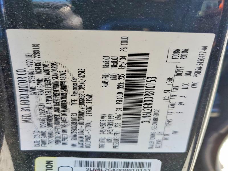 48958786 :رقم المزاد ، 3LN6L2GK0DR810153 vin ، 2013 Lincoln Townhouse Mkz مزاد بيع