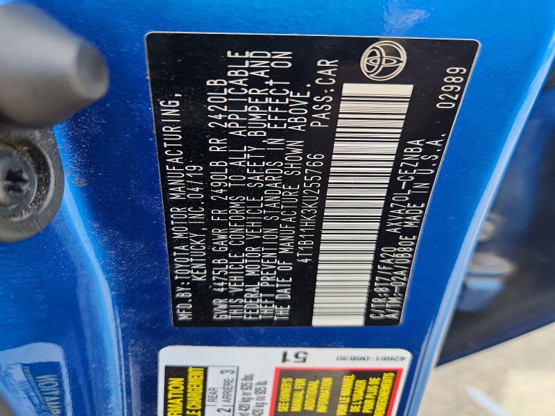 51709566 :رقم المزاد ، 4T1B11HK3KU255766 vin ، 2019 Toyota Camry مزاد بيع