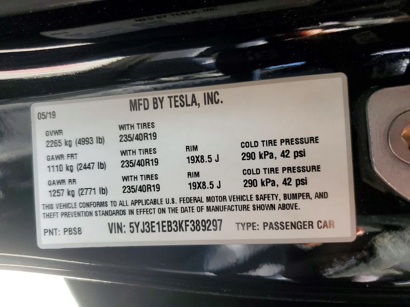 Продаж на аукціоні авто 2019 Tesla Model 3, vin: 5YJ3E1EB3KF389297, номер лоту: 48994246