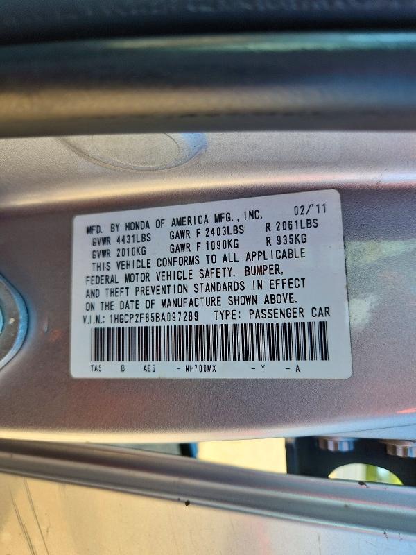 2011 Honda Accord მანქანა იყიდება აუქციონზე, vin: 1HGCP2F85BA097289, აუქციონის ნომერი: 48895636