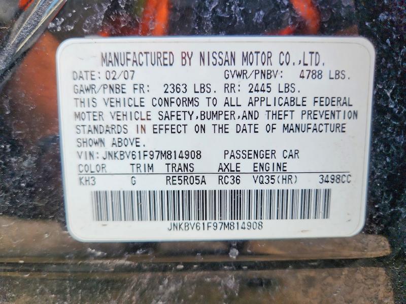 Aukcja sprzedaży 2007 Infiniti G35, vin: JNKBV61F97M814908, numer aukcji: 50731806