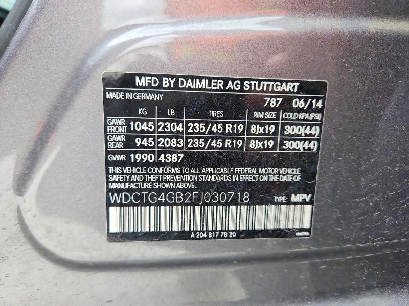 2015 Mercedes-benz Gla მანქანა იყიდება აუქციონზე, vin: WDCTG4GB2FJ030718, აუქციონის ნომერი: 50580056