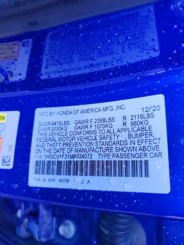 Продаж на аукціоні авто 2021 Honda Accord, vin: 1HGCV1F31MA024072, номер лоту: 48359926