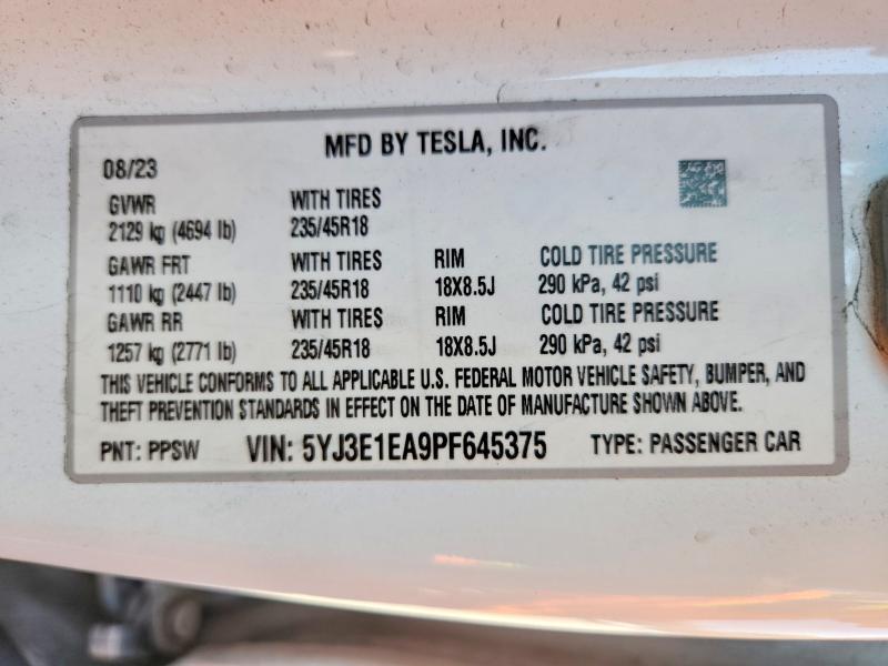 Aukcja sprzedaży 2023 Tesla Model 3, vin: 5YJ3E1EA9PF645375, numer aukcji: 49785966