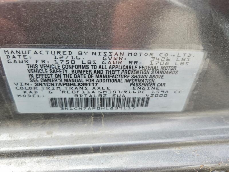 Продажа на аукционе авто 2017 Nissan Versa, vin: 3N1CN7AP0HL839117, номер лота: 49299166