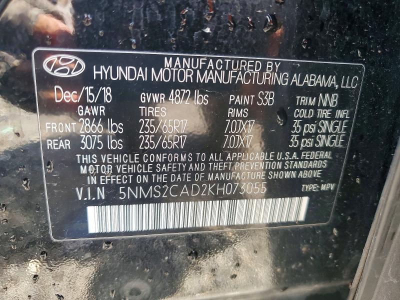 2019 Hyundai Santa Fe მანქანა იყიდება აუქციონზე, vin: 5NMS2CAD2KH073055, აუქციონის ნომერი: 50346566