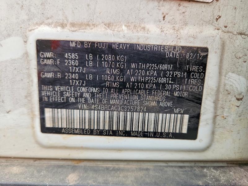 2012 Subaru Outback მანქანა იყიდება აუქციონზე, vin: 4S4BRCAC3C3257824, აუქციონის ნომერი: 54851506