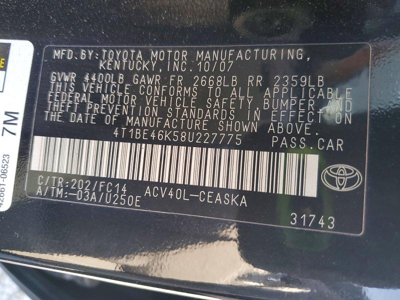 Продажа на аукционе авто 2008 Toyota Camry, vin: 4T1BE46K58U227775, номер лота: 48689816