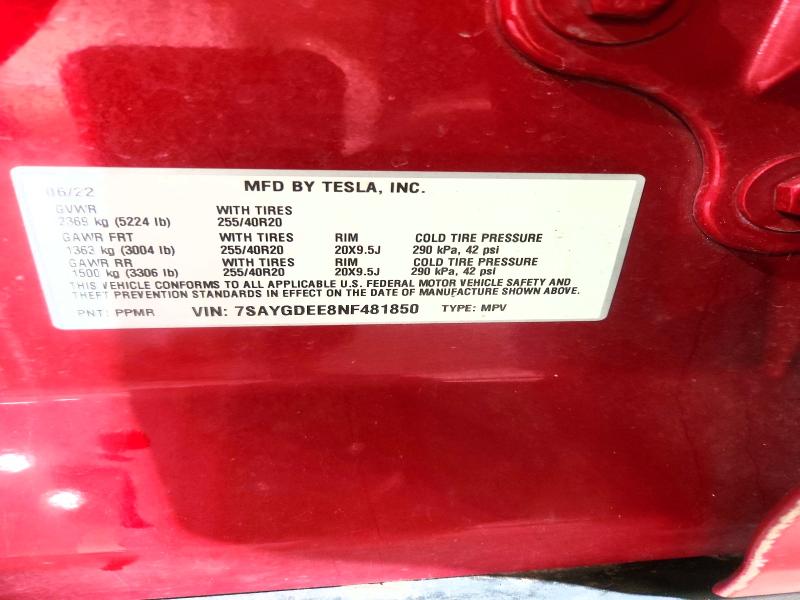 2022 Tesla Model Y მანქანა იყიდება აუქციონზე, vin: 7SAYGDEE8NF481850, აუქციონის ნომერი: 51027586