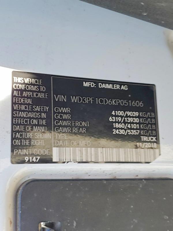 Aukcja sprzedaży 2019 Mercedes Benz Sprinter, vin: WD3PF1CD6KP051606, numer aukcji: 48838336