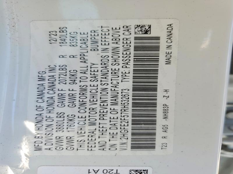 2024 Honda Civic მანქანა იყიდება აუქციონზე, vin: 2HGFE2F57RH532673, აუქციონის ნომერი: 49440116